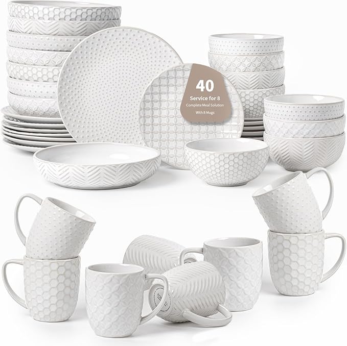 40-Piece Ceramic Dinnerware Set with Pasta Bowls &amp Mugs Service for 8 – Complete Dining Set for Entertaining Scratch-Resistant &amp Long-Lasting