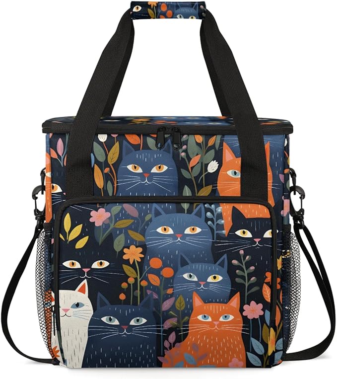 Abstract Cats Coffee Maker Travel Bag for Keurig K-Mini/K-Mini Plus Insulated Waterproof Tote with Pockets for K-Cup Portable Single-Serve Brewer Case