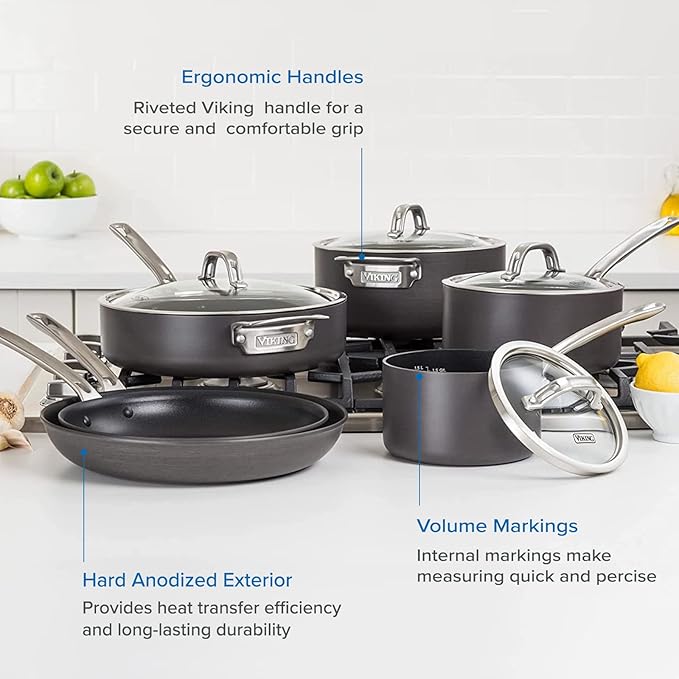 Viking 10 Piece Hard Anodized Nonstick Cookware Set with 17 Piece Cutlery Set with Light Walnut Color Block
