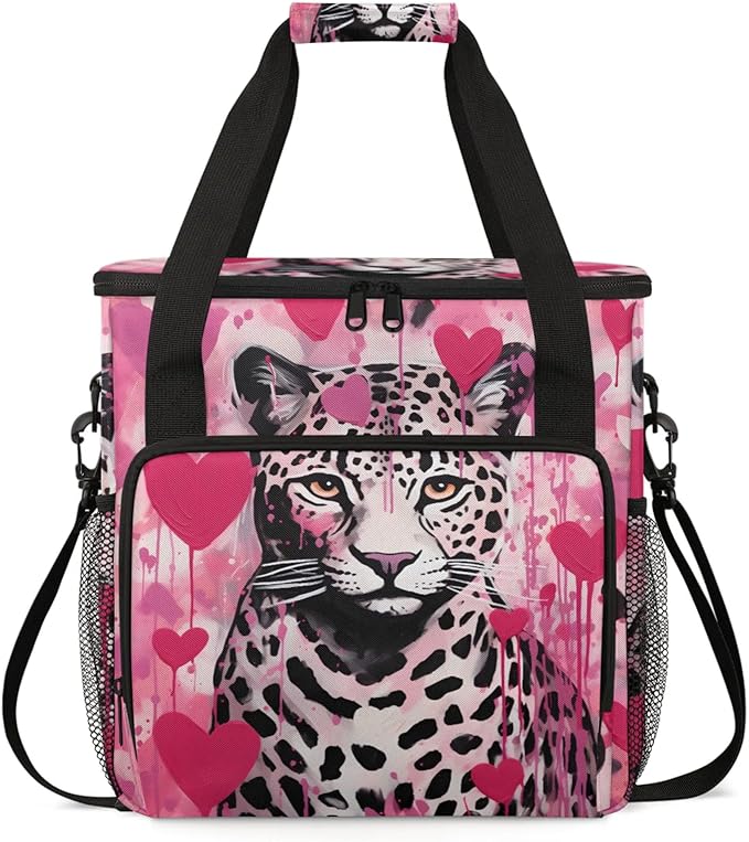 Leopard Love Heart Coffee Maker Travel Bag for Keurig K-Mini/K-Mini Plus Insulated Waterproof Tote with Pockets for K-Cup Portable Single-Serve Brewer Case