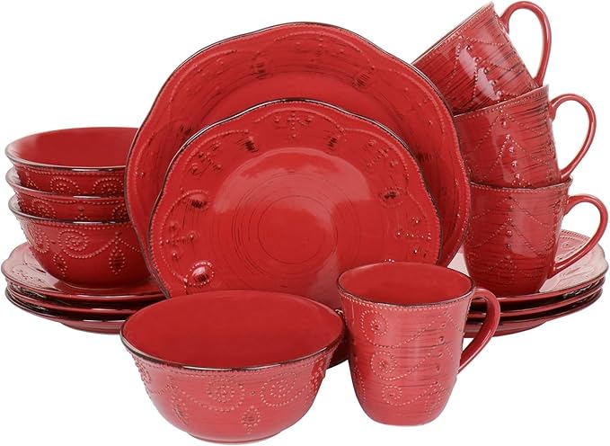 16 Piece Stoneware Dinnerware Set – Rustic Birch Embossed Plates and Bowls Dishwasher &amp Microwave Safe Dinner Set for 4 Elegant Scalloped Edges and Wood-Inspired Design (Red)