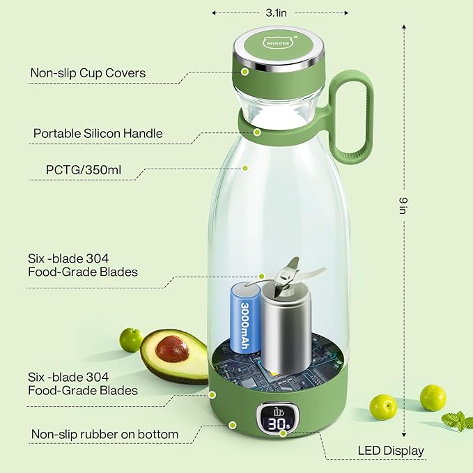 MIAOKE Portable Blender 6 Blades Juicer Cup for Juice Shakes and Smoothies 350ml Mini Blender with Led Display Usb Rechargeable3000Mah Rechargeable Battery for Home Outdoors Travel-Avocado Green
