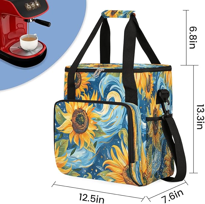 Abstract Sunflowers Design Coffee Maker Carrying Bag Compatible with K-Mini or K-Mini Plus Portable Single Cup Coffee Maker Case with Pockets for K Cup Pods