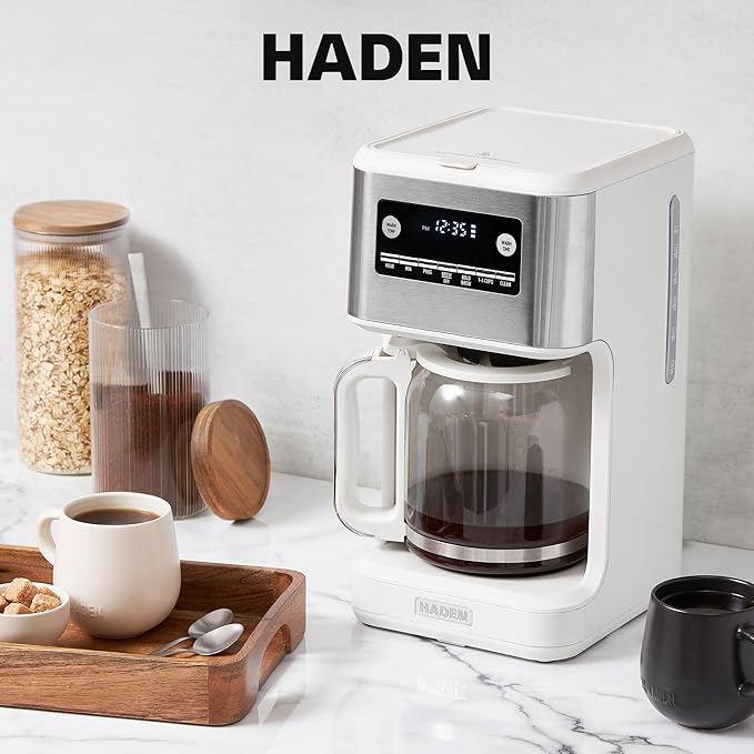 HADEN Generous Brew 14 Cup Coffee Maker with 120 Minute Keep Warm Delay Brew Adjustable Strength Programmable Clock and Anti Drip Ivory/Chrome