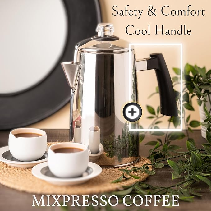 Mixpresso Stainless Steel Coffee Percolator Stovetop 52 oz Classic Percolator Coffee Pot Great For Camping Pot 12 Cup Stove Top Espresso Maker Cool-Touch Handle