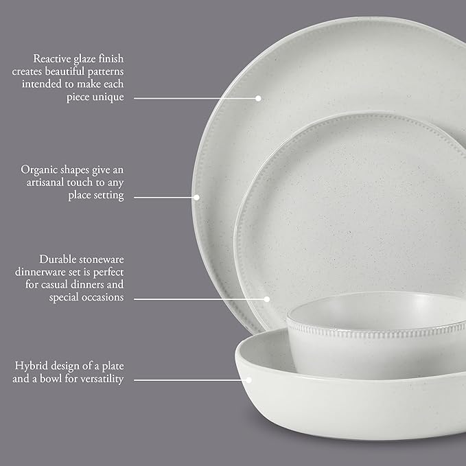 Gibson Elite Menlo Park 16-Piece Pottery Clay Stoneware Dinnerware Set – White Reactive Glaze Embossed Plates and Bowls W/Pasta Bowl Service for 4 – Microwave &amp Dishwasher Safe