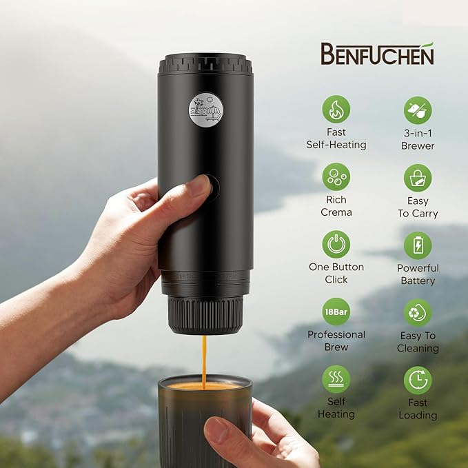 BENFUCHEN 3 in 1 Portable Electric Espresso Machine for Nespresso Capsule Travel Coffee Maker with Ground Coffee for Camping RV Hiking OfficeCar Coffee Maker Self-Heating with USB-C (Black)