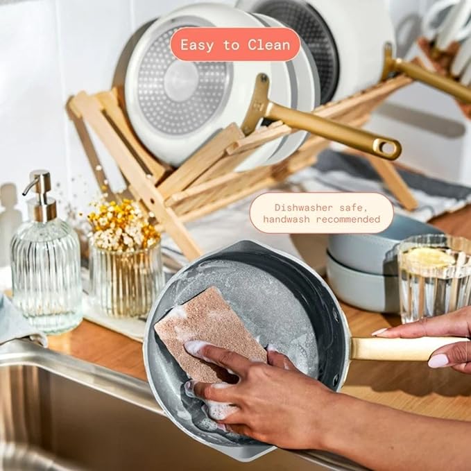 Pans 12pc Ceramic Non-Stick Cookware Set by Drew Barrymore Pots &amp Pans with Lids Dishwasher‑SafeSoft‑Touch Handles Even‑Heat Base. (White Icing)