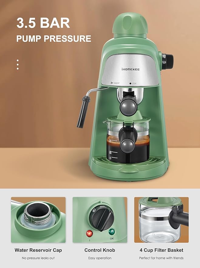 Espresso Machine 3.5Bar Espresso and Cappuccino Machine with Preheating Function 4 Cup Coffee Maker with Milk Frothing Function and Steam Wand (Green) CM6810