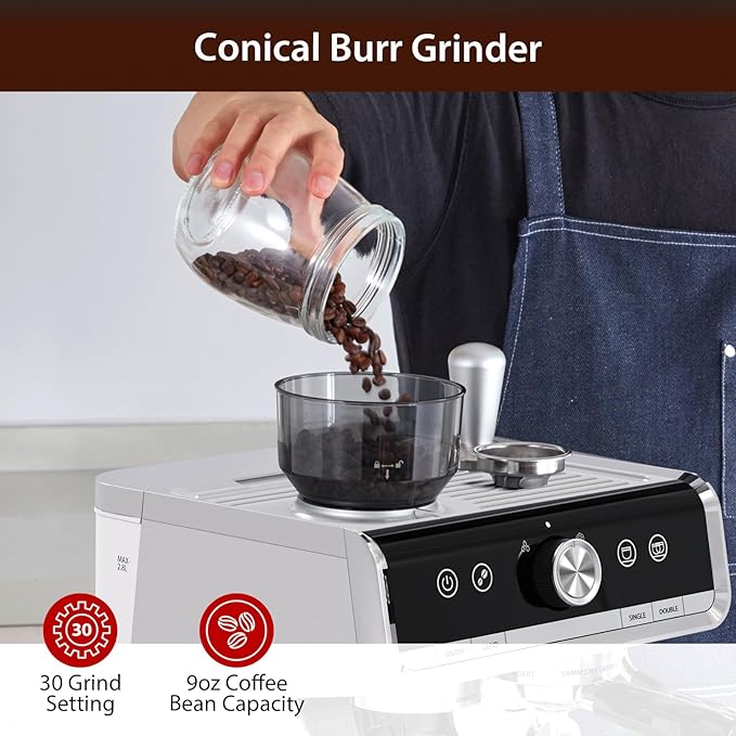 Espresso Machine with Grinder &amp Milk Frother 20 Bar Espresso Coffee Maker 2.8L Removable Water Tank 1450W Semi-Automatic Espresso/Latte/Cappuccino Machines for Home Barista Office