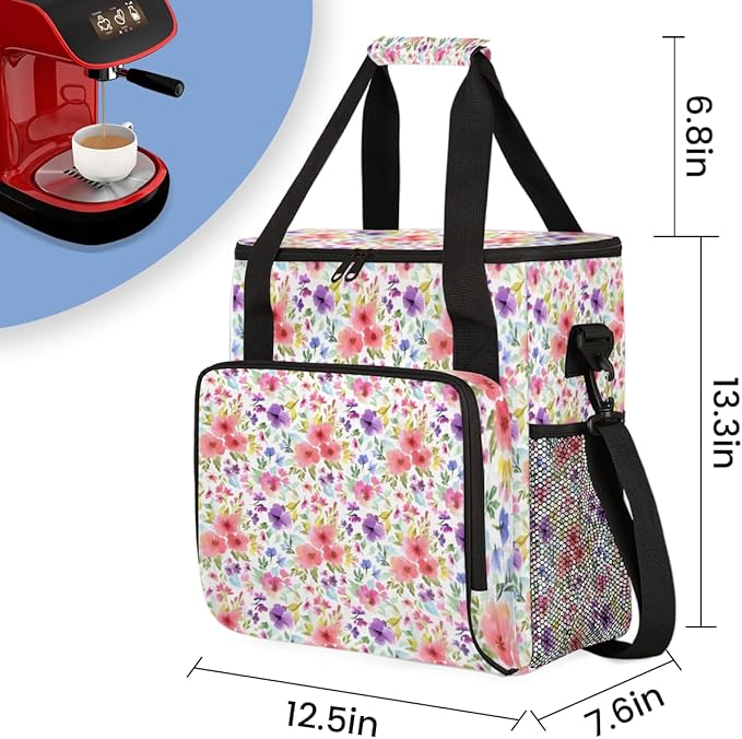 Abstract-Floral Coffee Maker Carrying Bag Portable Travel Storage Tote Bag Compatible with K-Mini or K-Mini Plus Single Serve Coffee Brewer Carrying Case with Multiple Pockets &amp Shoulder Strap