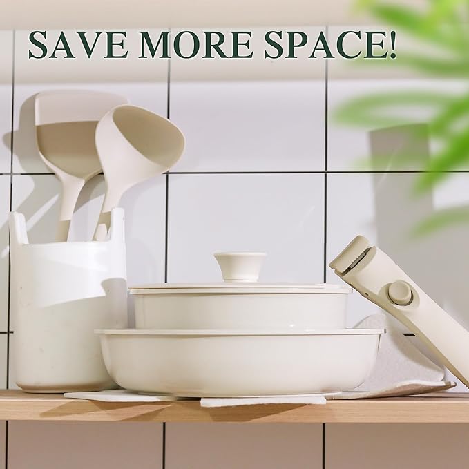 8 PCS Kitchen Cookware Set Pots and Pans Sets Non Stick Induction Pan Set with Detachable Handle for RV CookwareOven Safe PFOA Free