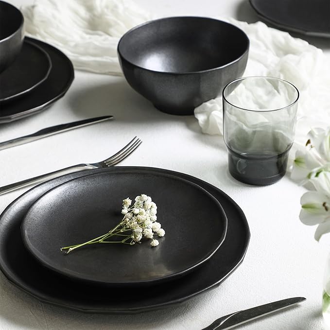 Stone Lain Rio Stoneware 16 Piece Dinnerware Set Plates and Bowls Sets Black Dish Set for 4 with Fluted Colored Glass Cups Microwave &amp Dishwasher Safe