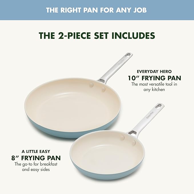 GreenPan Padova Pro 8 and 10 2 Piece Frying Pan Skillet Set Hard Anodized Healthy Ceramic Nonstick PFAS-Free Cookware Induction Suitable Stainless Steel Handle Dishwasher and Oven Safe Blue Haze