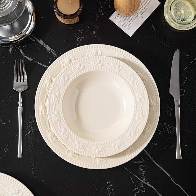 Embossed Strawberry Ceramic Dinnerware Set 16-Piece for 4 Ivory White Non-Slip Plates Bowls &amp Mugs Microwave &amp Dishwasher Safe Premium Kitchen Table Setting Statement Pieces