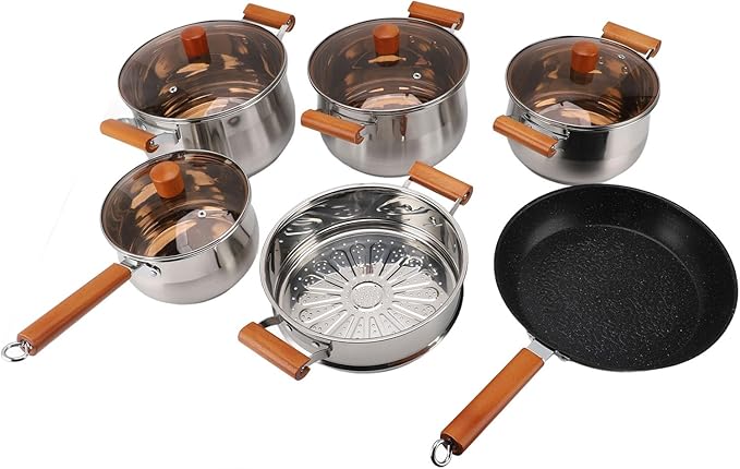 Cookware Set Stainless Steel Cookware Pot Kit with Dual Wooden Handle Multifunctional Practical Kitchen Cooking Set for Steaming Boiling Making Soup