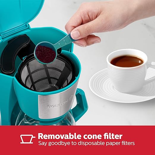 Holstein Housewares 5 Cup Drip Coffee Maker – Compact and User-Friendly with Auto Pause &amp Serve Reusable Filter Measuring Spoon &amp Glass Carafe Office &amp Dorm Use Teal