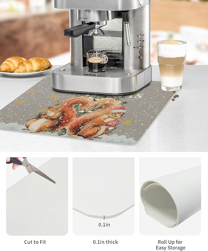 Coffee Mat Coffee Bar Mat for Countertops Merry Christmas Squirrel with Xmas Trees Gray Absorbent Coffee Maker Mat Rubber Backed Dish Drying Mat for Coffee Espresso Machine Coffee Maker 12x20