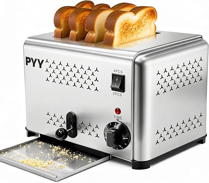 PYY Commercial Toaster 4 Slices with 2/4 Slice Option 120pcs/h 6-Level Setting Toaster with Removable Crumb Tray 1.1 inch Wide Slot for Bagel Bread Stainless Steel for Restaurant Home 1200W