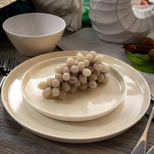 12 Piece Cream Melamine Dinnerware Set – Lightweight Shatterproof Plates and Bowls with Crackle Design – Modern Minimalist Outdoor Indoor Dish Set Dishwasher Safe
