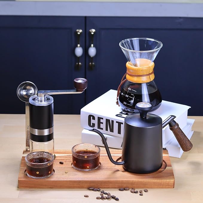 SOTECH Pour Over Coffee Maker Set 600ML Coffee Maker With Wooden Storage Tray Stainless Steel Kettle Bean Grinder for Outdoor Travel Picnic (Portable Coffee Set)
