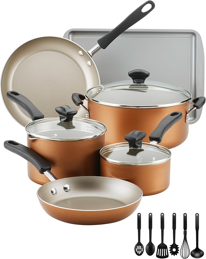 Farberware Cookstart DiamondMax Nonstick Cookware/Pots and Pans Set Dishwasher Safe Includes Baking Pan and Cooking Tools 15 Piece - Copper