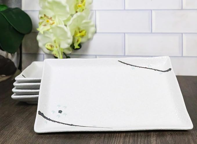 Ebros Gift Modern Yukino Hana Snow Flowers Ceramic Dinnerware Serveware Kitchenware Set Oriental Asian Restaurant Supply (Pack Of 5 Rectangular Sushi Plates 7.75 L)