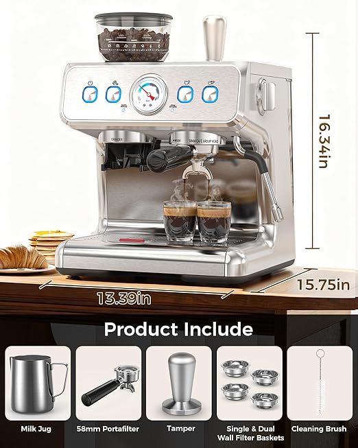 COWSAR 20 Bar Espresso Machine with Grinder &amp Milk Frother Steam Wand 58mm Expresso Coffee machines Commercial Stainless Steel Coffee Maker for Cappuccino and Latte Perfect for Home and Café Us