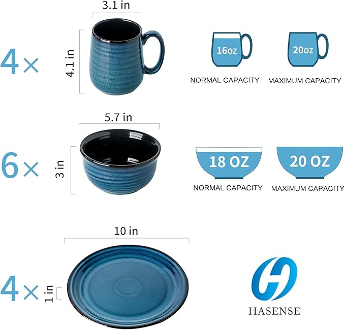 Hasense 14-Piece Dinnerware Set Chip and Scratch Resistant Plates and Bowls Stoneware Round Kitchen Dishes Set Service for 4 Dishwasher Oven Microwave Safe Blue