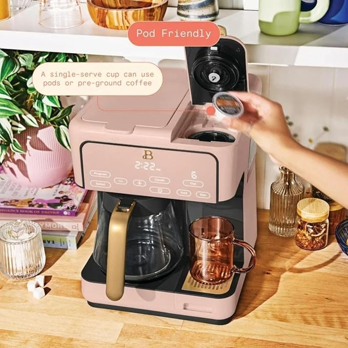Multi-Brew Coffee Maker – 12-Cup Carafe &amp Single-Serve Pod or Grounds Iced Coffee Mode Programmable Touch Display Includes Filters (Rose)