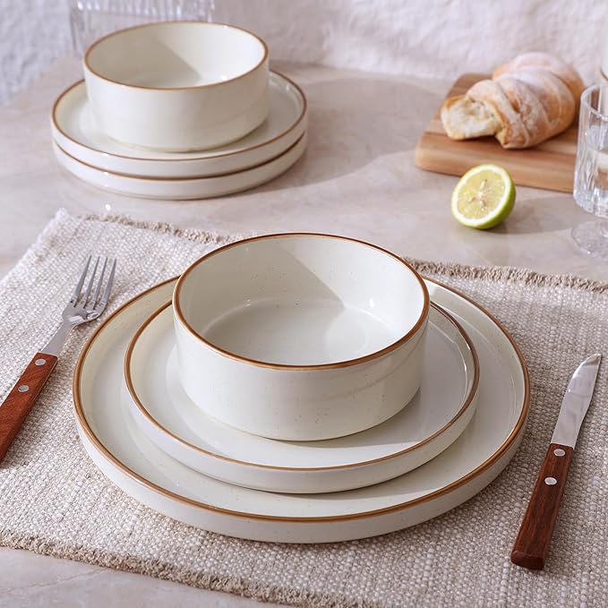 Famiware Nebula Plates and Bowls Sets for 4 12 Pieces Stoneware Dinnerware Set Microwave and Dishwasher Safe Dishes Set Vanilla White with Brown Rim
