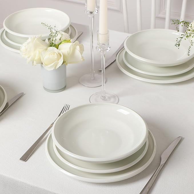Earth &amp Clay Harmony 12-Piece Dinnerware Stoneware Plates and Bowls Set Includes Dinner and Salad Plates Cereal Bowls Dishwasher and Microwave Safe Dish Set for 4 White