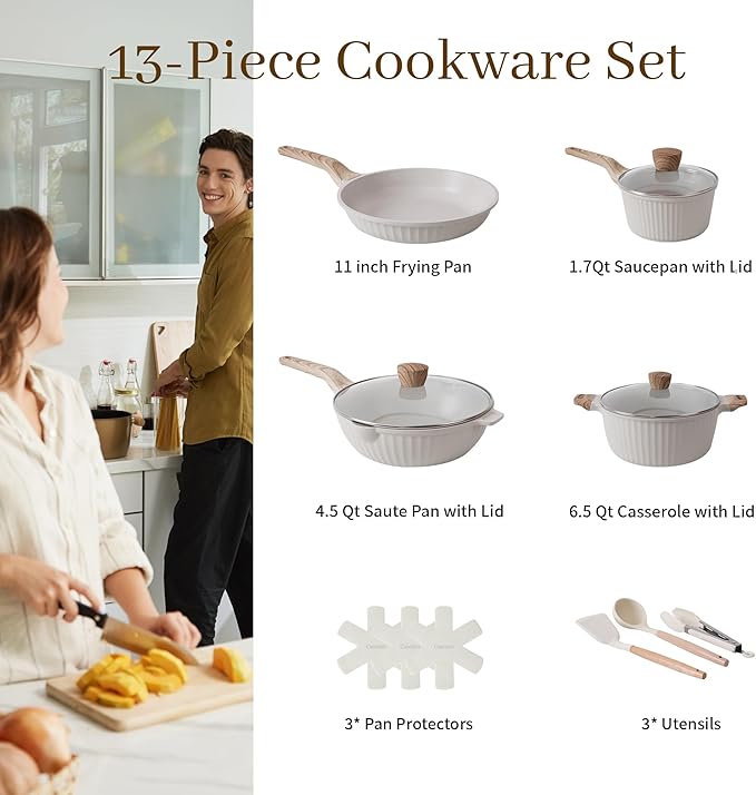 Pots and Pans Set Non Stick 13Pcs Kitchen Cookware Sets Granite Stone Induction Cookware Non Stick Cooking Set w/Frying Pans Saucepans Sauté Pan (PFOA Free) Cream White