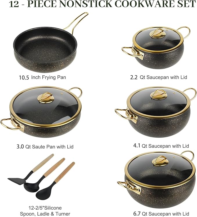 Fully Clad 5-Ply Stainless Steel Cookware Set 12Pcs Nonstick Pots and Pans Set with Stay-Cool Handles Induction Compatible Stackble Design Includes with Frying Pan Saucepans and Saute Pan (Black)