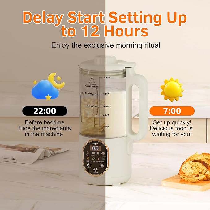 Beyn 10-in-1 Automatic Nut Milk Maker Machine 60oz Large Capacity with 𝟒𝟖 𝐓𝐢𝐭𝐚𝐧𝐢𝐮𝐦 Blades &amp Self-Cleaning. for Homemade Almond Soy Oat Milk Milkshake - Delay Start &amp Keep Warm Fu