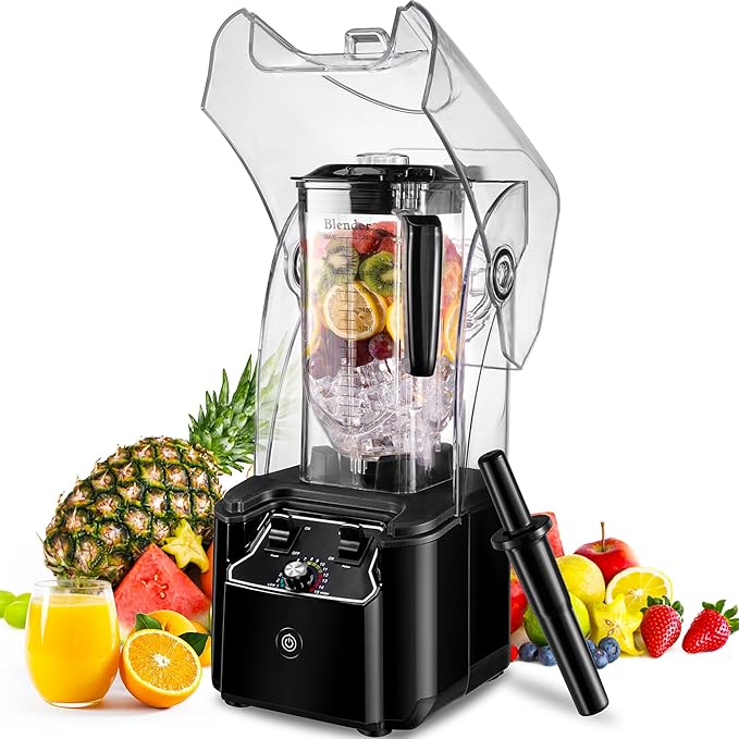 Commercial Blender for Smoothies 2200W with Soundproof Cover2200 ML15 Speeds6-leaves Stainless Steel BladeHeavy Duty Blender for RestaurantIce CrushShakes (Black)
