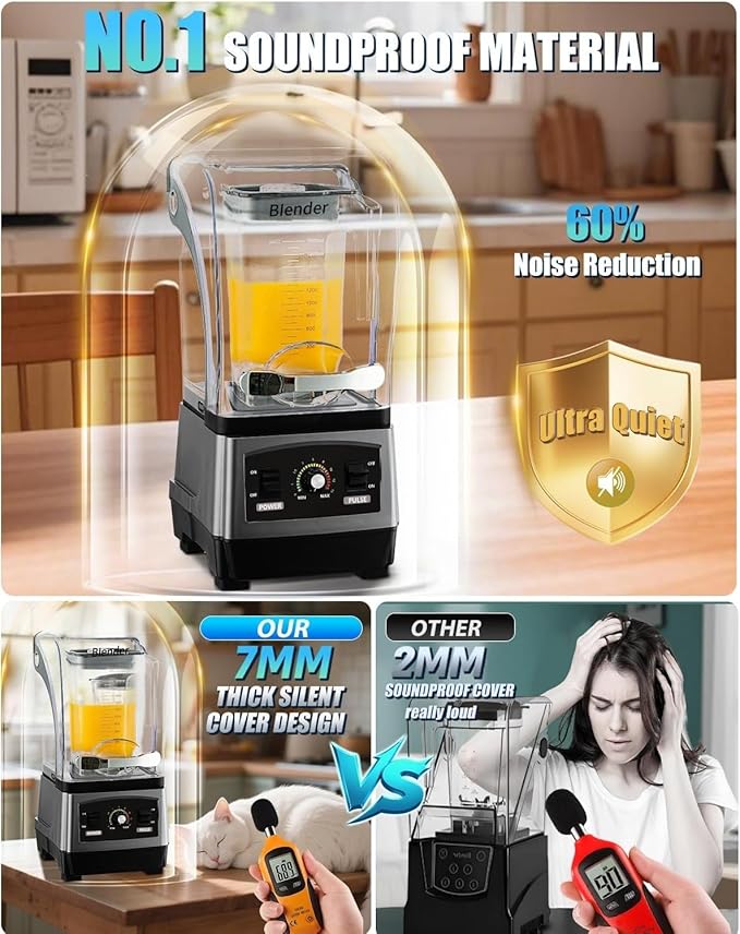 Countertops Professional Electric Food Machine Noise-Reducing Blender with a Soundproof Cover Commercial Shaved Ice Machine 3-Second Quick Ice Crushing for Juices and Smoothies(Gray)
