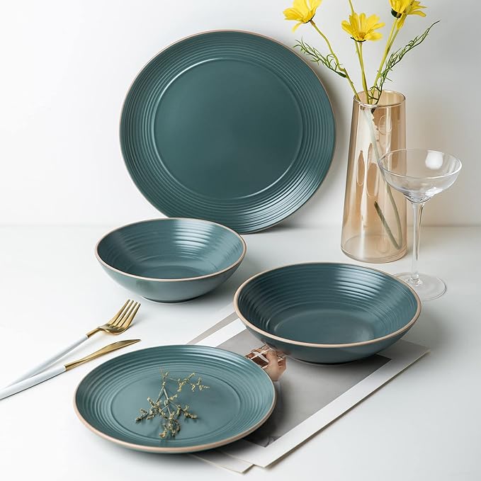 RINGAR Round Stoneware 16pc Dinnerware Set of 4 Dinner Plates Side Plates Cereal Bowls Mugs - Speckle Matte Green (434540)