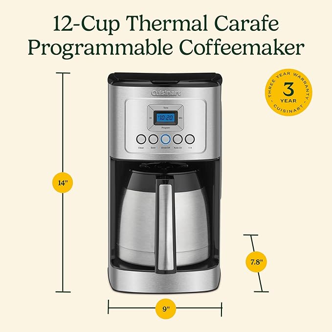Cuisinart 12-Cup Coffee Maker Programmable PerfecTemp Thermal Carafe Coffee Machine with 1-4 Cup Setting Brew Strength Control and Brew Pause Stainless Steel DCC-3400NAS Silver
