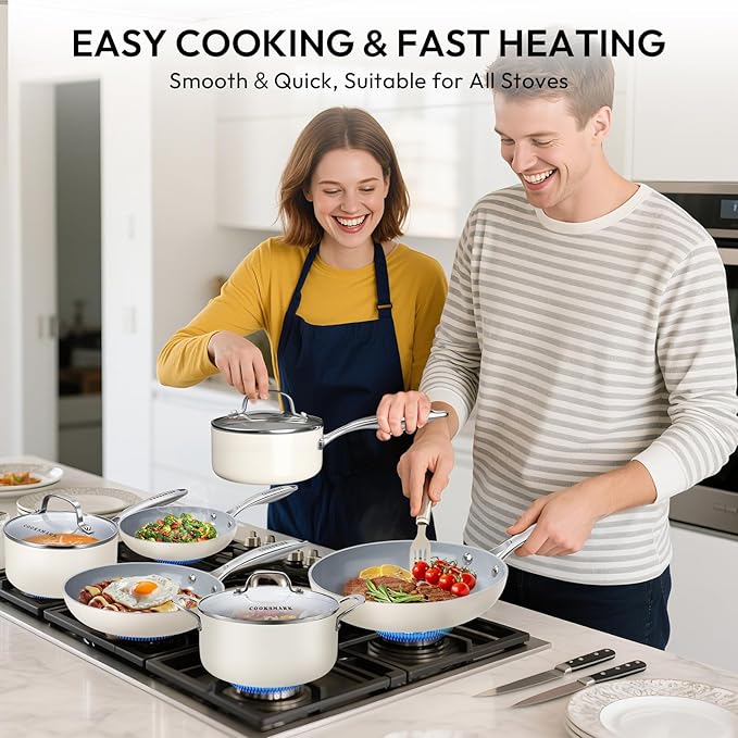 10-Piece Ceramic Nonstick Cookware Set - PFOA-Free Pots and Pans with Glass Lids Healthy Cooking Easy Clean Induction Compatible &amp Oven Safe Includes Frying Pan Saucepan Stockpot - Cream Whit