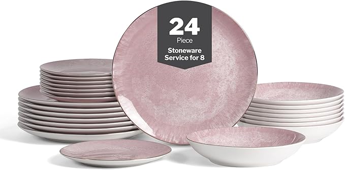 Christian Siriano Onyx 24-Piece Dinnerware Set Porcelain Plates and Bowls Set Hand Wash Dish Dish Set for 8 Pink and Gold
