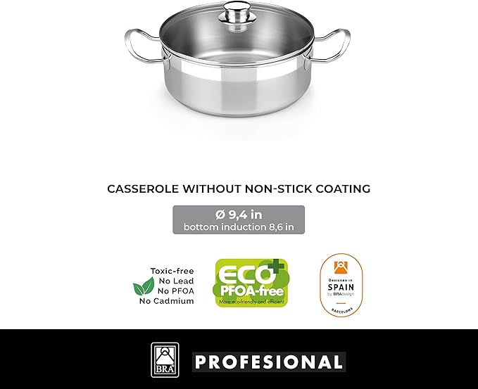 BRA COOKWARE Profesional 8-Piece Stainless Steel Cookware Set | Professional Pots &amp Pans Set | Kitchen Set w/ 2 Pots 1 Sauté Pan 2 Frying Pans 3 Lids | All Heat Sources Compatible | PFOA Free
