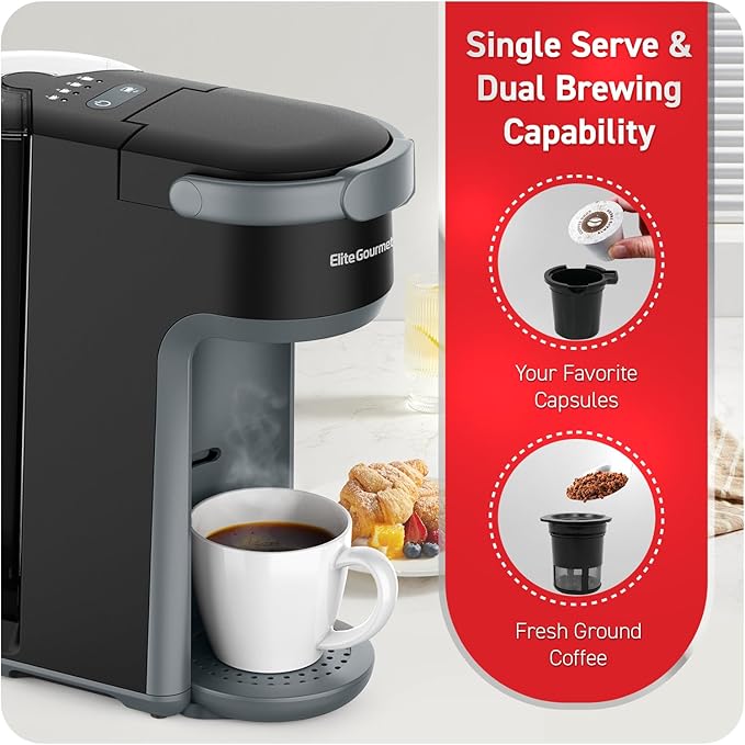 Elite Gourmet EHC323X Rapid Brew Technology 2-in-1 Capsule Coffee Maker 6~12oz Brewing Capacity K-Cups and Grounds Adjustable Mug Height Reusable Filter Black