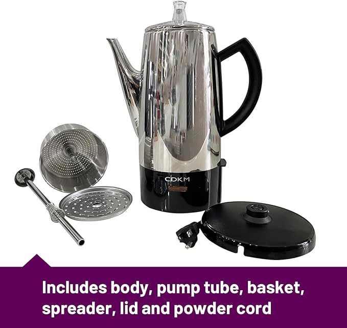 Classic 12 Cup Percolator PC-9822 Stainless Steel with keep warmcordless service (Mirror Polished)