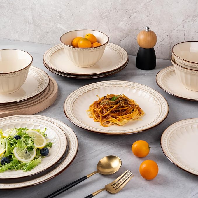 Dinnerware Set Cream White 12 Pieces Service for 4 Stoneware Plates and Bowls Set Stoneware Set Dishwasher Microwave Safe Dishes set