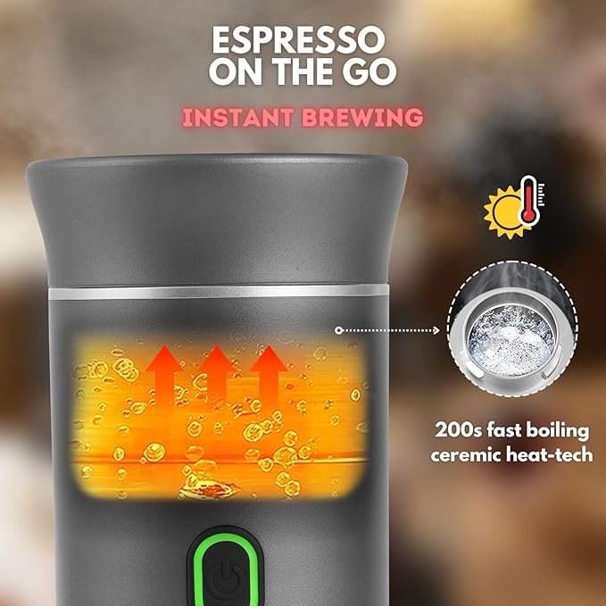 Electric Portable Espresso Machine Travel Coffee Maker Instant Self-Heating with USB-C Extraction Pod System compatible with NS Capsule &amp Ground Coffee for Camping RV Hiking Office