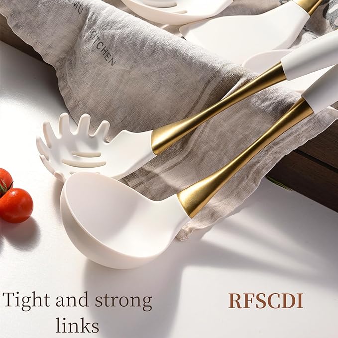 Elegant White Gold Silicone Cooking Utensils Set - Non-Toxic Dishwasher Safe Kitchen Utensils Set with Heat Resistant Comfort Handles - Includes Spatula &amp Spoon for Nonstick Cookware