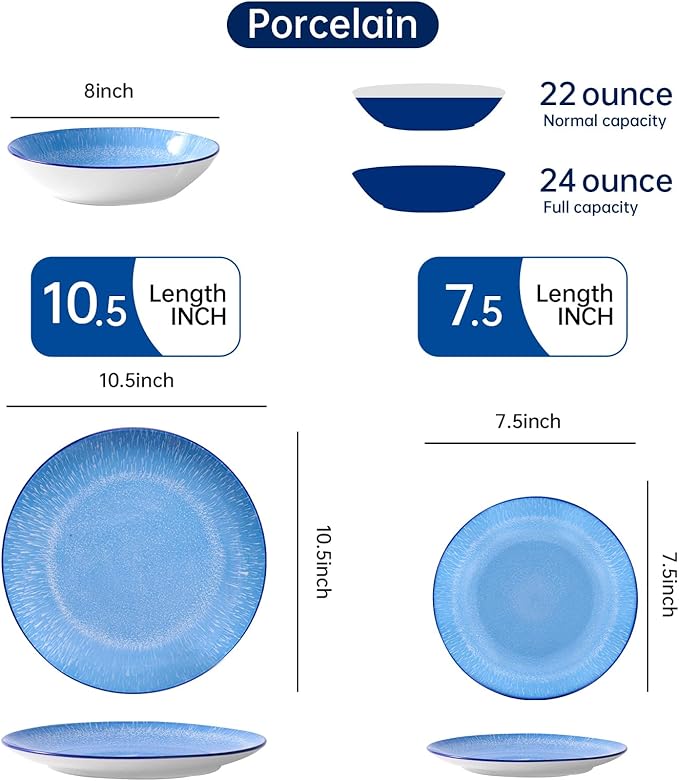 Bestone 12-Piece Round Porcelain Dinnerware Set Service for 4 Chip Resistant Plates and BowlsBlue Dishwasher &amp Microwave Safe for Home Daily Use