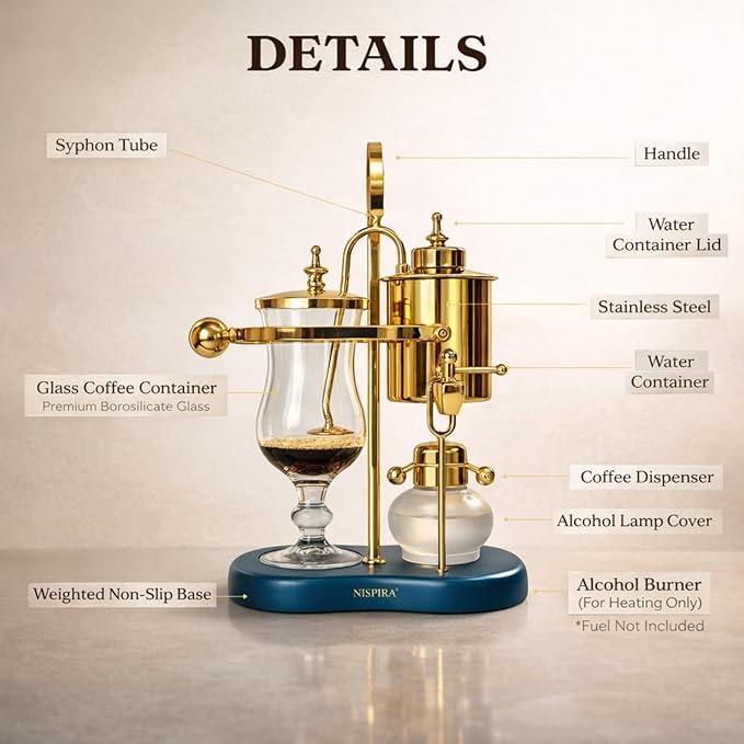 Nispira Belgian Balance Syphon Vacuum Coffee Maker 500ml Vintage Gravity Brewing System Gold &amp Peacock Blue Finish Manual Tabletop Coffee Brewer
