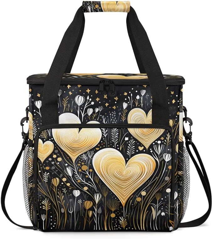 Black Gold Heart Coffee Maker Carrying Bag Portable Travel Storage Tote Bag Compatible with K-Mini or K-Mini Plus Single Serve Coffee Brewer Carrying Case with Multiple Pockets &amp Shoulder Strap